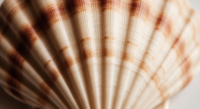 Close-up Macro Shot of a Textured Scallop Shell with Intricate Patterns.