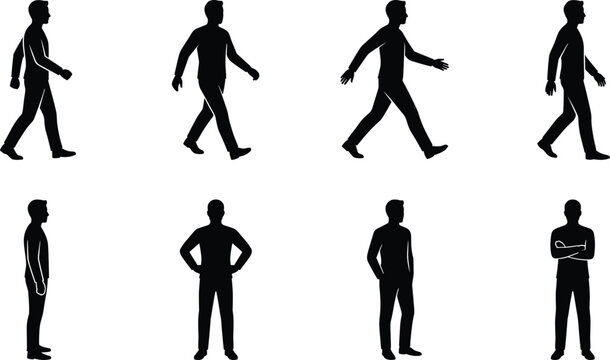 Collection of man silhouettes walking and standing in various poses, male figure wearing casual clothing isolated on white background for lifestyle and business design