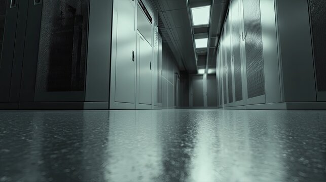 Server room corridor creating a profound sense of modern technology, computing, and cybersecurity, with rows of network racks extending into the distance under artificial light