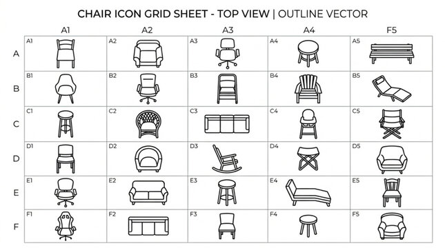 Collection of chair icons in top view outline style.