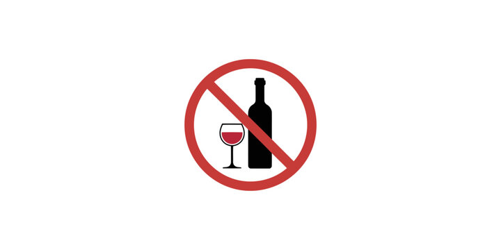 No alcohol sign with wine bottle and glass symbol in red circle on white background