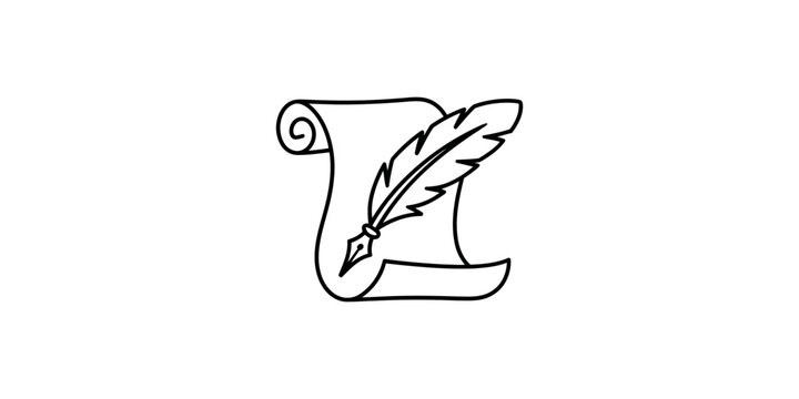A black line drawing of a feather quill pen on a scroll of parchment paper isolated on white background