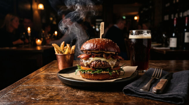 Gourmet Beef Burger with Bacon and Stout Beer in a Pub