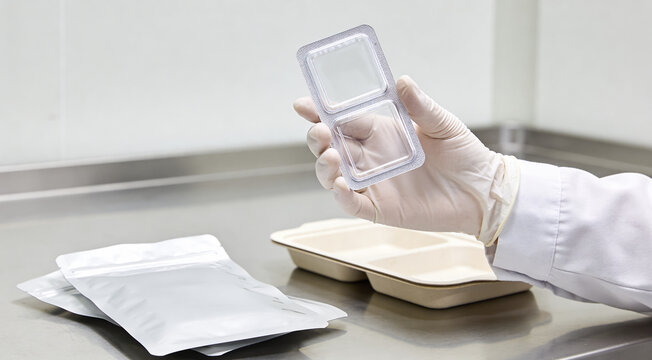 Scientist in lab coat and gloves holds blister pack with empty compartments