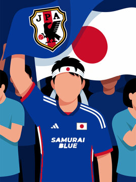 Japanese soccer fans cheering for their national team with flags and jerseys