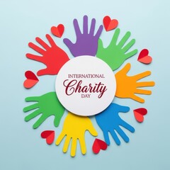Fototapeta premium International charity day concept with colorful paper hands and hearts