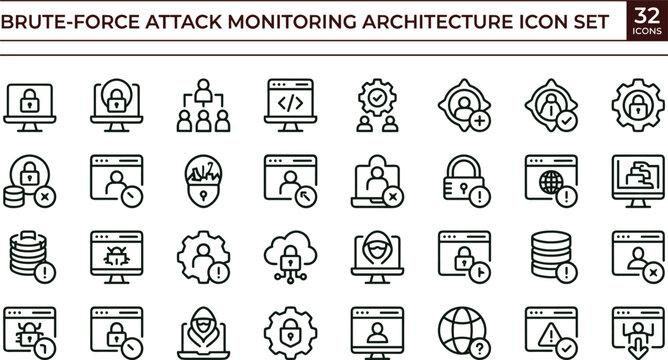 Bruteforce attack monitoring architecture line icon set for cybersecurity dashboard ui access control and threat protection interface design