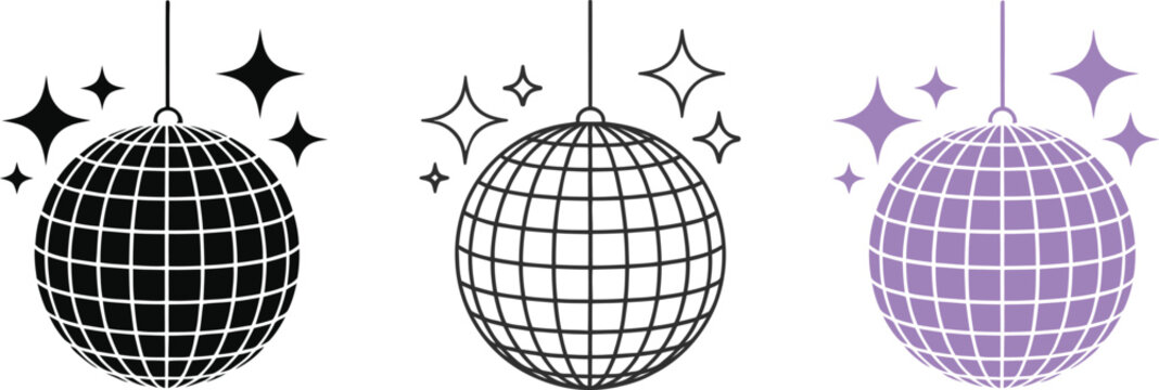 Hanging disco ball with sparkling stars vector icon set on transparent background.