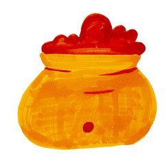 A cartoon style illustration of a money bag filled with gold coins © tanmoy