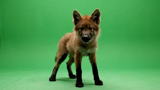 A young canid, possibly a maned wolf pup, stands alertly on a vibrant green screen background, looking directly forward.
