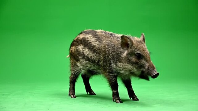 A young wild boar piglet with distinctive striped fur stands against a vibrant green screen background.