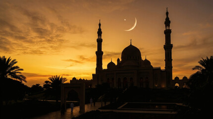 Naklejka premium Magnificent Mosque at Sunset with Crescent Moon and Reflection