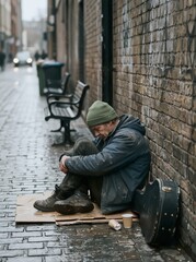 Fototapeta premium Homeless Man Sitting Against Brick Wall on Wet Cobblestone Street