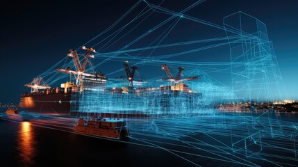 Fototapeta premium Container ship navigating through a network of digital data lines, visualizing smart logistics, cargo tracking, and global trade management with advanced technology