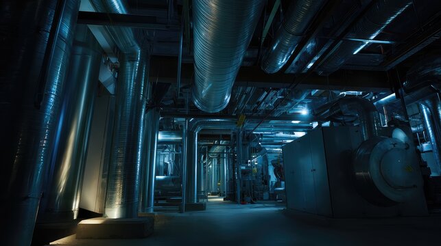 Industrial interior featuring complex systems of reflective metal pipes, air ducts, and machinery, illuminated by cool blue and white light, representing modern infrastructure and energy production