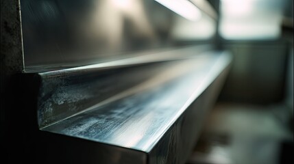 Brushed metal panel with abstract reflected light and smooth curved texture, emphasizing industrial precision, sleek metallic sheen and architectural grade durability in close up detail