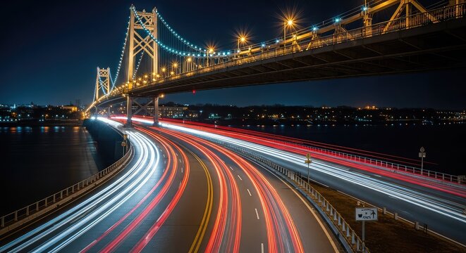 A majestic suspension bridge glows at night, its steel cables lit while long exposure streaks of car lights flow across the dark river, road, infrastructure, city