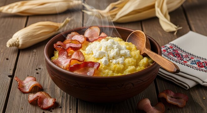 Traditional Banosh Dish Served in Bowl on Wooden Background