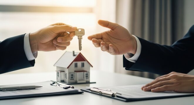 Business professionals exchanging house keys over contract documents on desk