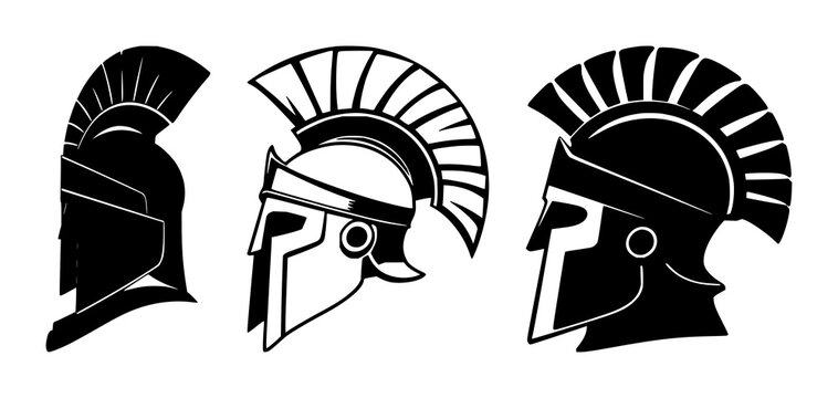 Roman centurion helmet set with solid black silhouette on white background featuring sharp crest detail, ancient warrior theme with crest and helmet