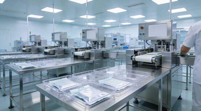 Automated packaging line in a sterile pharmaceutical manufacturing facility