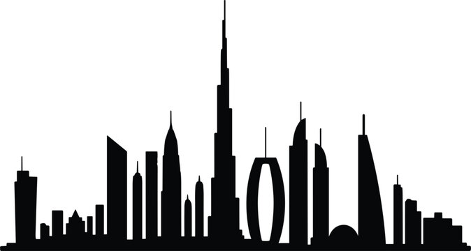 Black silhouette of Dubai city skyline featuring Burj Khalifa and Museum of the Future isolated on white background