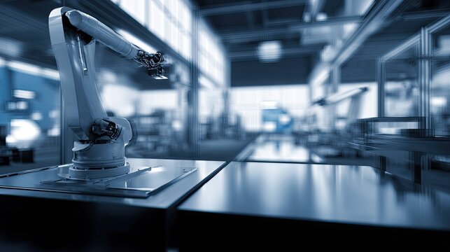 Robotic arm automating a precise task on a production line, symbolizing advanced industrial technology, engineering, and digital efficiency within a futuristic factory setting