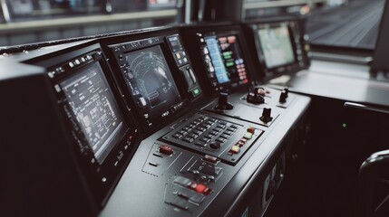 Naklejka premium Train driver's console showing advanced navigation screens, buttons, and joystick controls, essential for operating a high speed transit system with precision