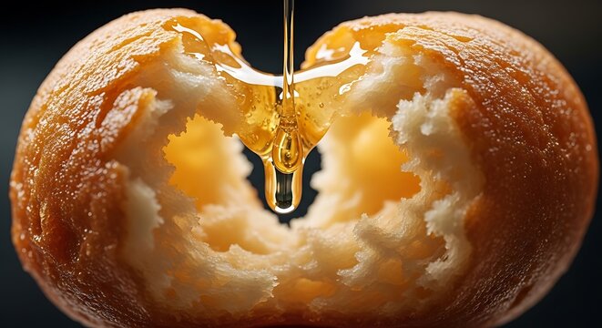 Fresh golden honey pouring on a raw walnut half with dark background. lokma