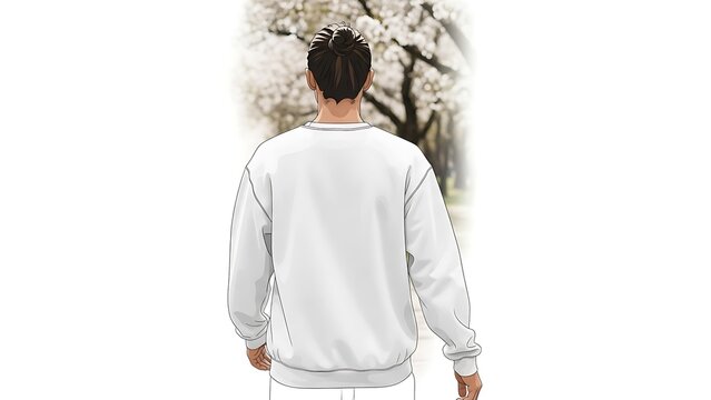 Back View of Man with Bun Hairstyle Wearing White Sweatshirt Walking Outdoors Among Cherry Blossoms