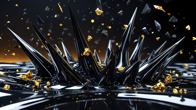 Abstract 3D render of black glossy spikes with exploding gold shards and obsidian fragments on liquid surface