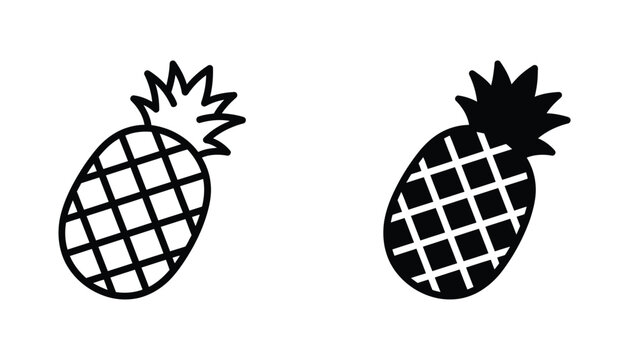 Fresh pineapple fruit vector icon set with leaves in outline and solid black silhouette styles for tropical food and summer branding