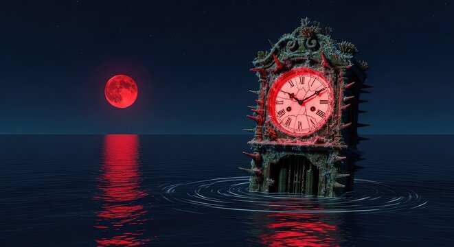 A terrifying antique clock emerges from the dark, murky depths of a silent ocean at midnight, its cracked face glowing under a red moon, abyss, shadow, atmospheric