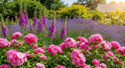 Obraz premium A vibrant and lush cottage garden overflows with blooming pink roses, tall purple foxgloves, and fragrant lavender under a golden sun, foliage, green, cottage