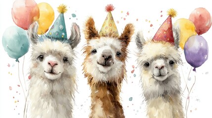 Fototapeta premium Three smiling llamas with party hats and balloons