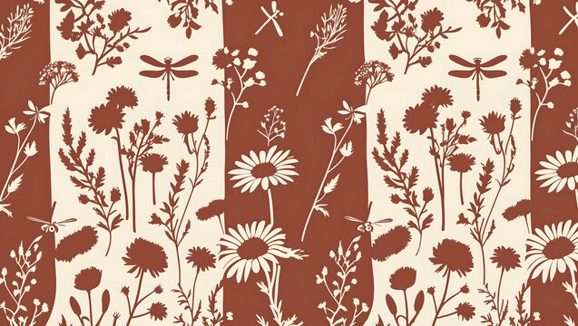 Floral seamless pattern with wild flowers daisies and dragonflies in vintage terracotta and cream colors