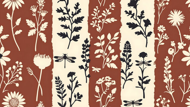 Botanical seamless pattern with flower silhouettes and dragonflies on terracotta and white vertical stripes