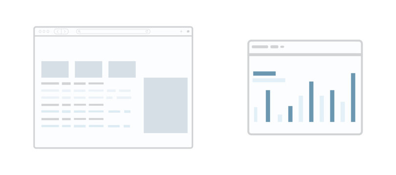 Minimalist digital interface design elements featuring web browser window with layout grid and analytics bar chart isolated on white background vector illustration.