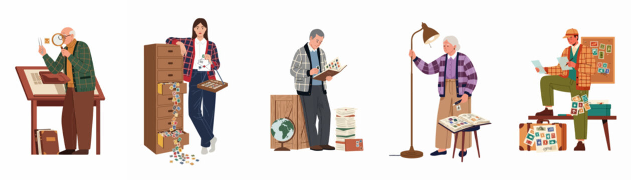 Philatelists of different ages and backgrounds engaged in the hobby of stamp collecting, organizing and examining their diverse postage stamp collections.