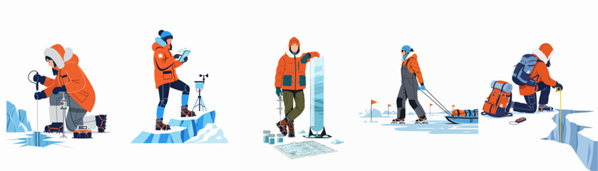 Vector illustration set of polar scientists conducting research, field work, and environmental studies in the arctic or antarctic regions. © Anindya