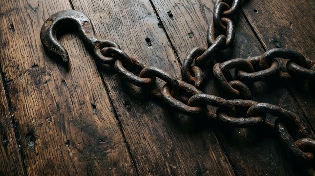 Heavy rusted iron chain with a hook laying on an old weathered dark wooden floor