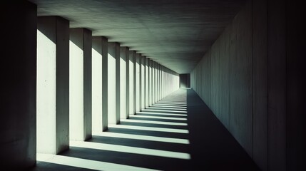Naklejka premium Long concrete corridor with a repetitive pattern of light and shadow creating depth and perspective, emphasizing architectural form and modern minimalism