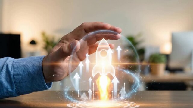Hand hovering over virtual glowing rocket hologram with upward arrows