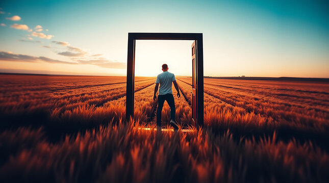 depicting a man stepping through an open door in a misty, atmospheric field, evoking a fantasy scene with complementary epic colors, rich textures, movement, and 