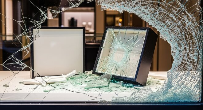 Detailed close-up shot of a shattered glass window at a jewelry store after a forced entry, featuring sharp shards and a broken display case, shattered, background, transparent