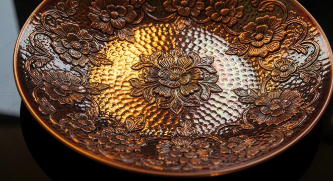 Burnished copper plate with intricately hammered floral motifs and warm textured surface