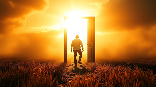 depicting a man stepping through an open door in a misty, atmospheric field, evoking a fantasy scene with complementary epic colors, rich textures, movement, and 