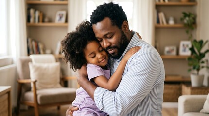 Obraz premium Tender moment of a black father hugging his little daughter in a cozy living room