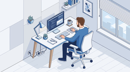 Fototapeta premium An isometric vector illustration of a person working at a desk with a computer.