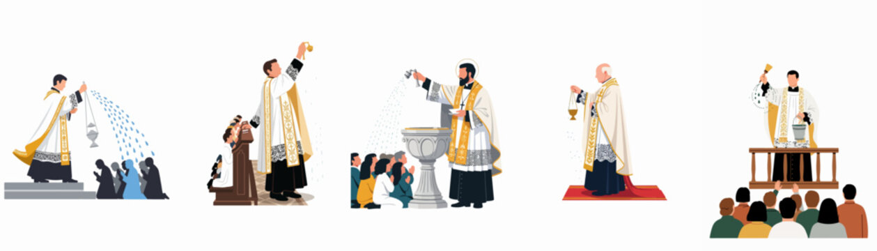 Set of Catholic Priest Illustrations Performing Religious Rituals, Sacraments, and Blessings with Holy Water and Incense in a Flat Design Style.